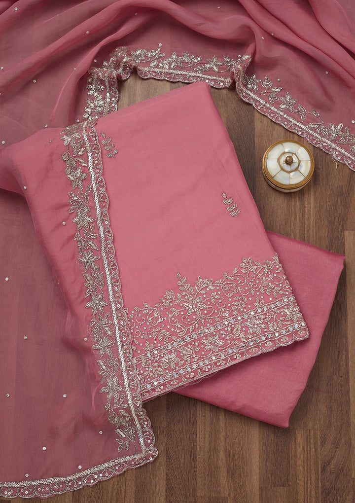 Onion Pink Stonework Tissue Unstitched Salwar Suit-Koskii
