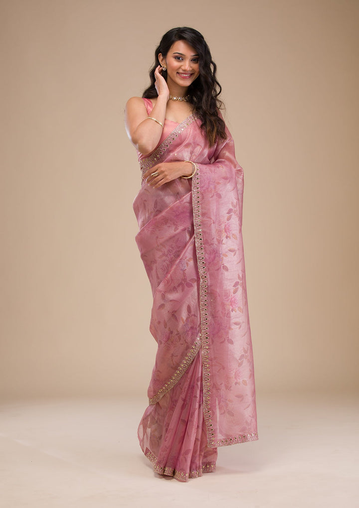 Onion Pink Stonework Tissue Saree-Koskii