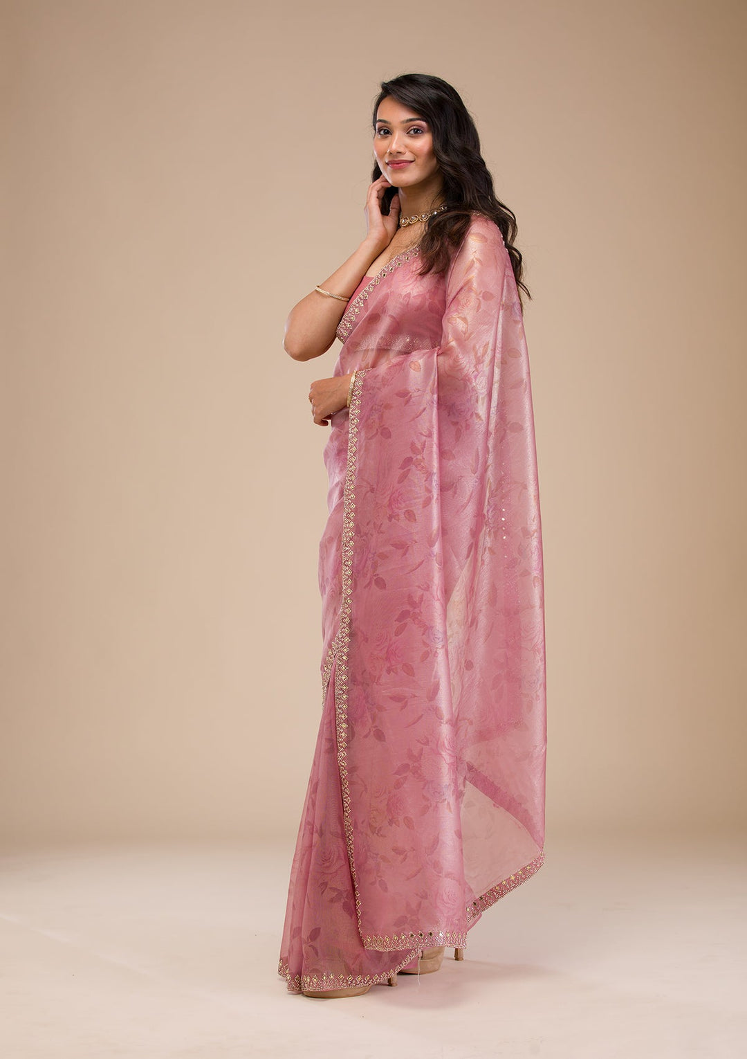 Onion Pink Stonework Tissue Saree-Koskii
