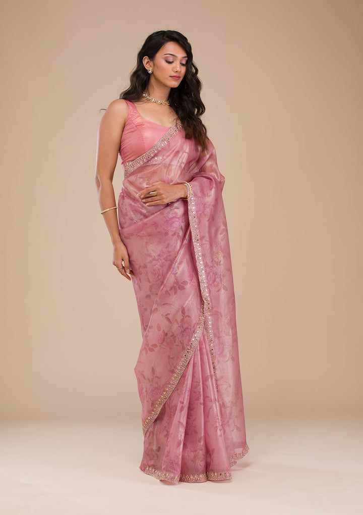 Onion Pink Stonework Tissue Saree-Koskii