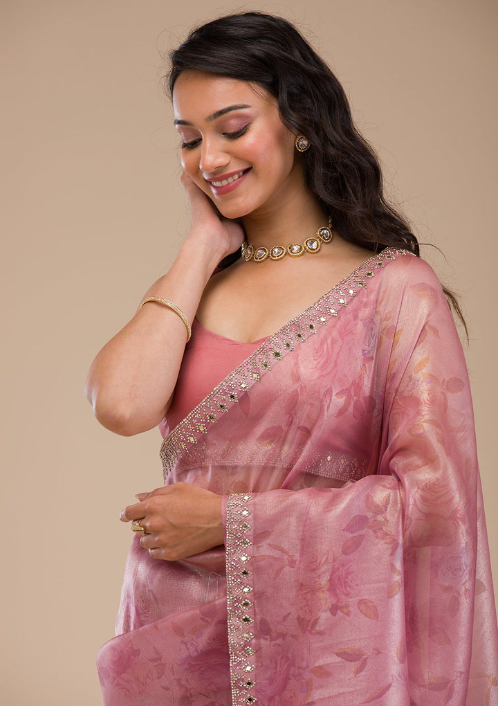 Onion Pink Stonework Tissue Saree-Koskii