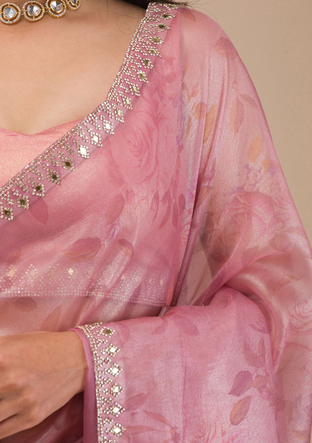 Onion Pink Stonework Tissue Saree-Koskii