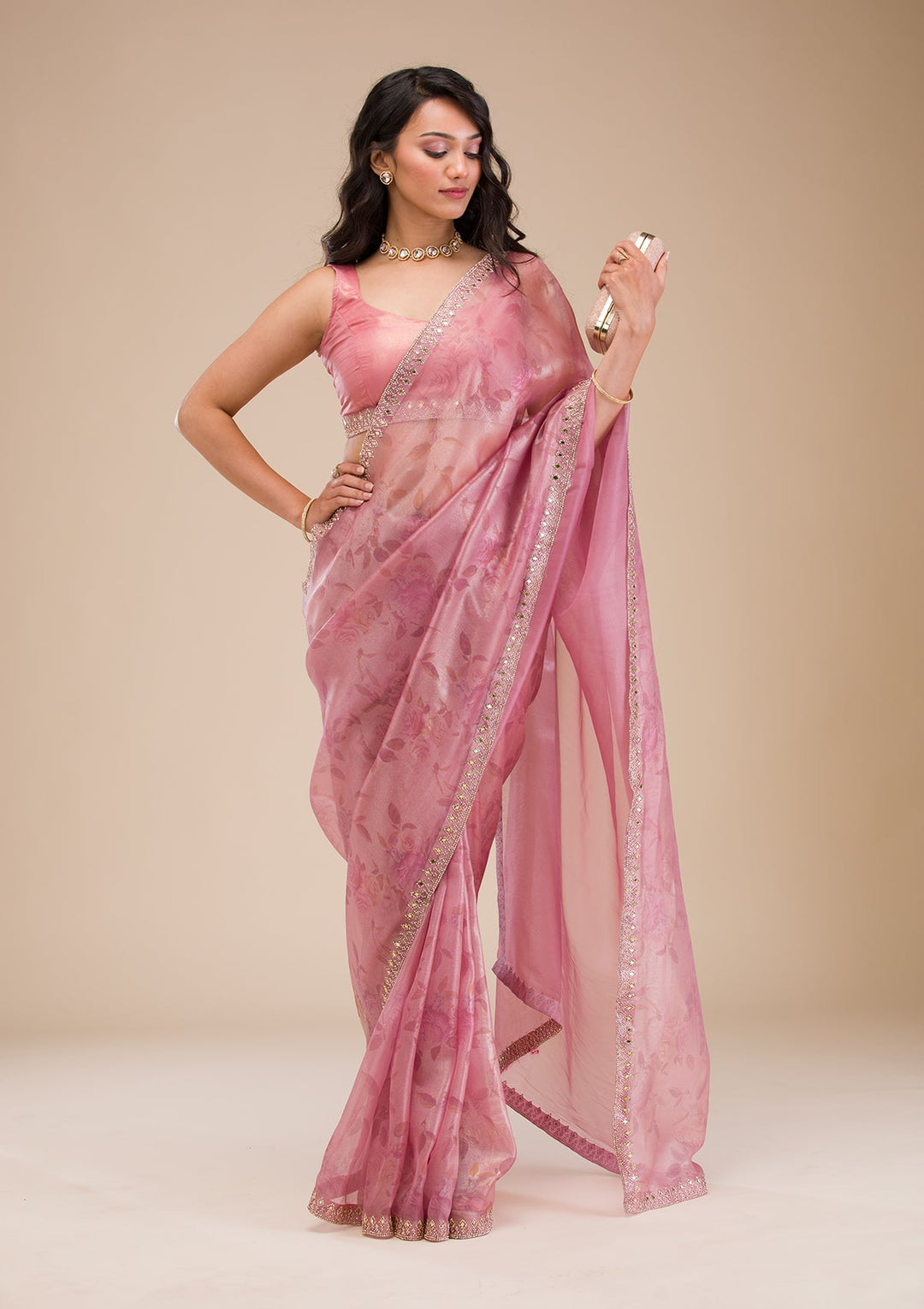 Onion Pink Stonework Tissue Saree-Koskii
