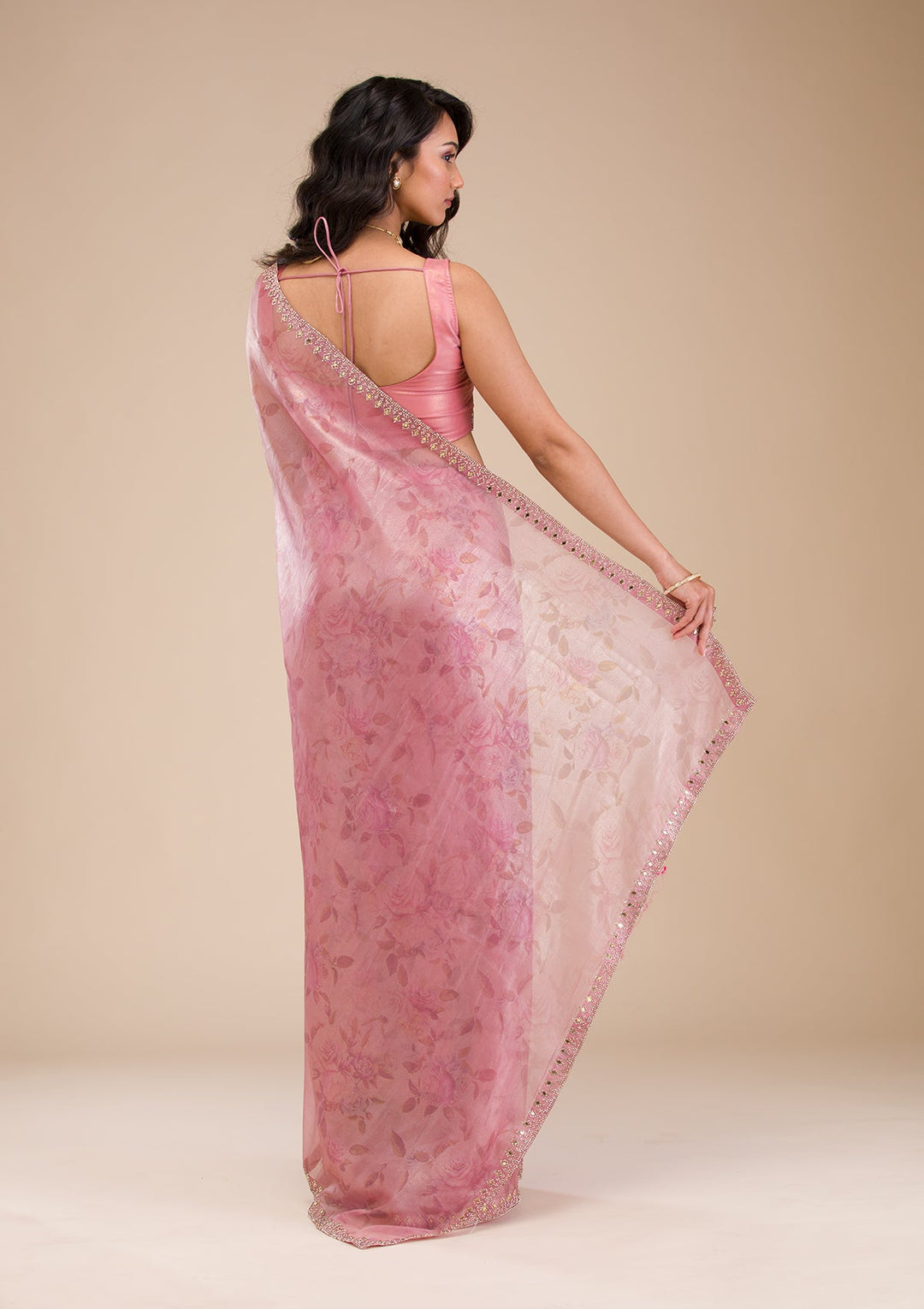 Onion Pink Stonework Tissue Saree-Koskii