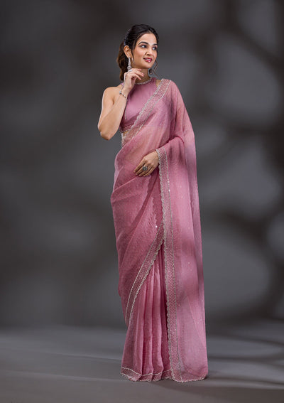 Onion Pink Stonework Tissue Saree-Koskii