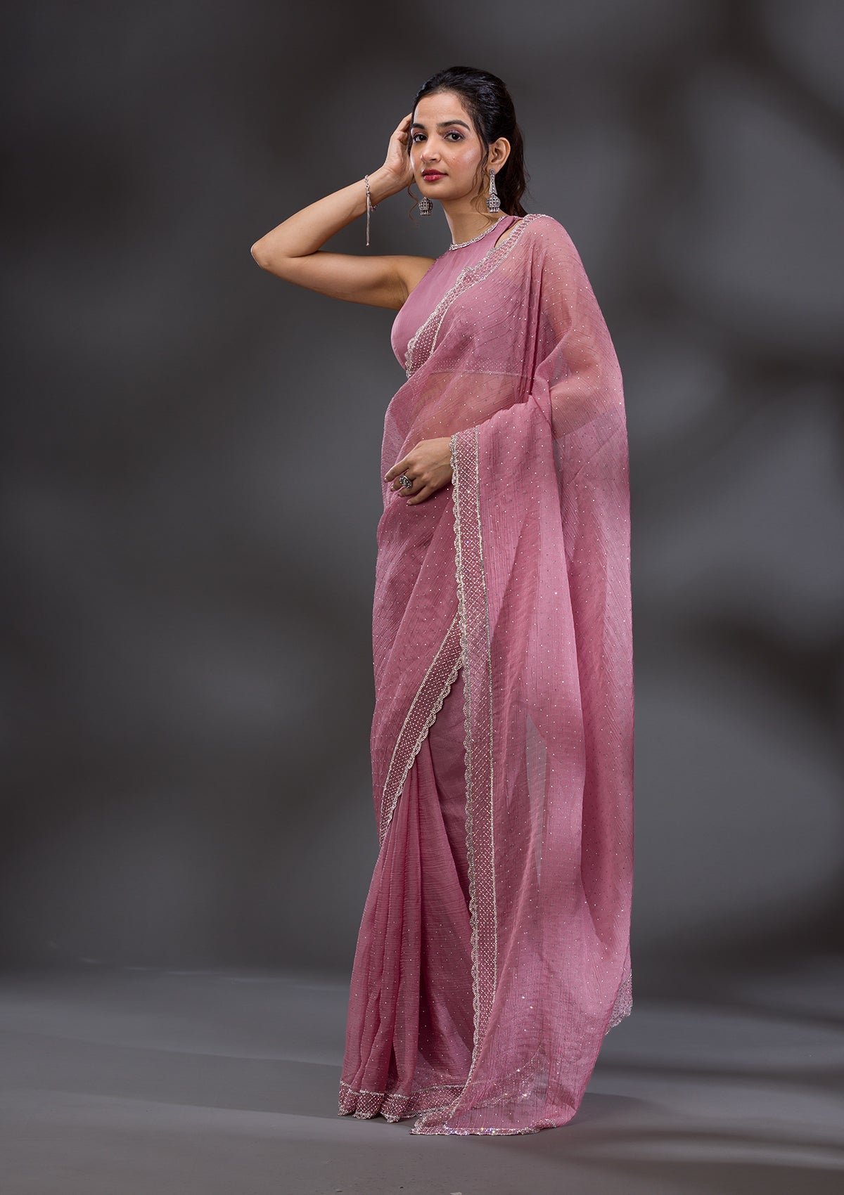 Onion Pink Stonework Tissue Saree-Koskii