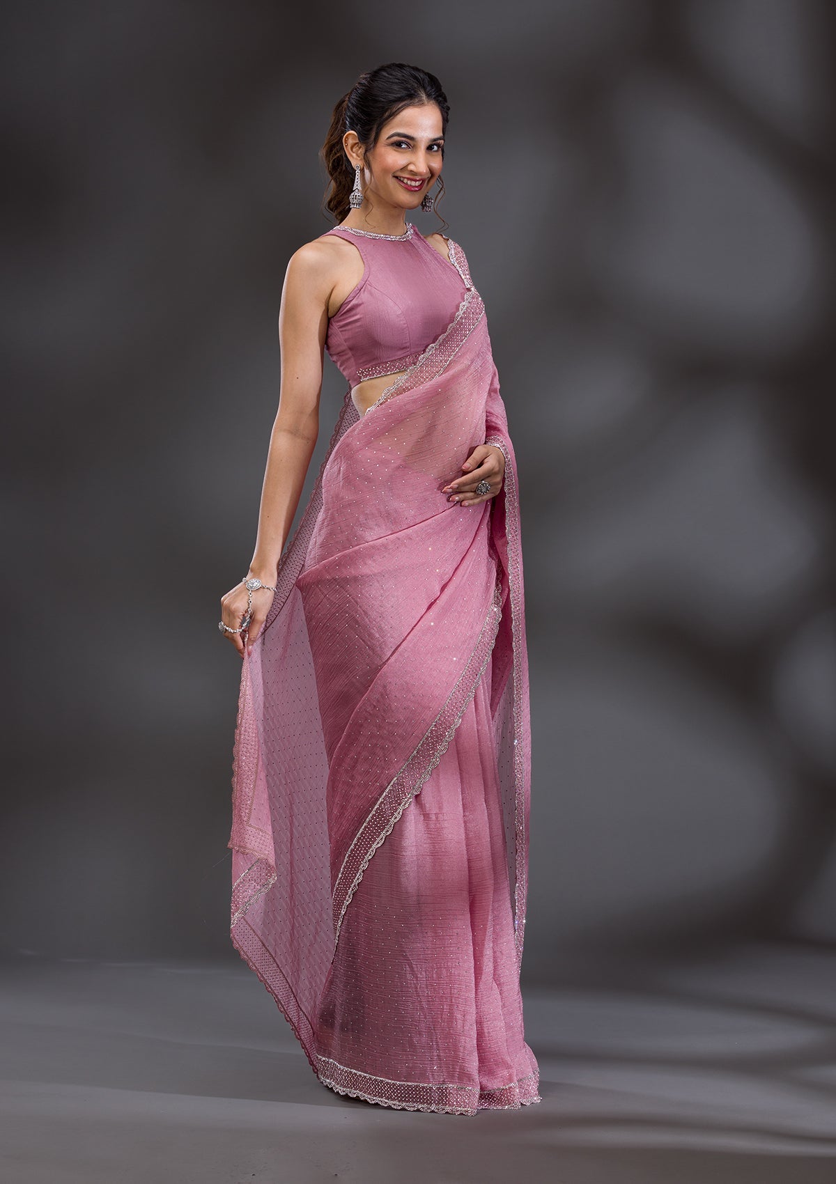 Onion Pink Stonework Tissue Saree-Koskii