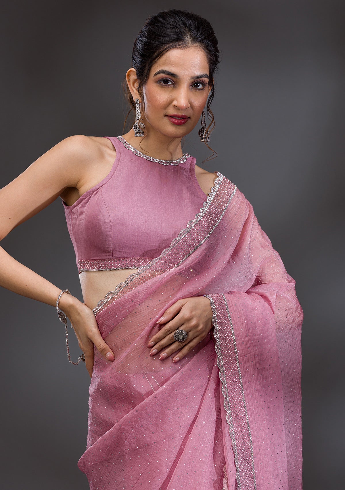 Onion Pink Stonework Tissue Saree-Koskii