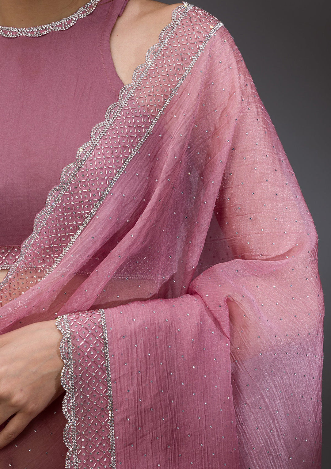Onion Pink Stonework Tissue Saree-Koskii