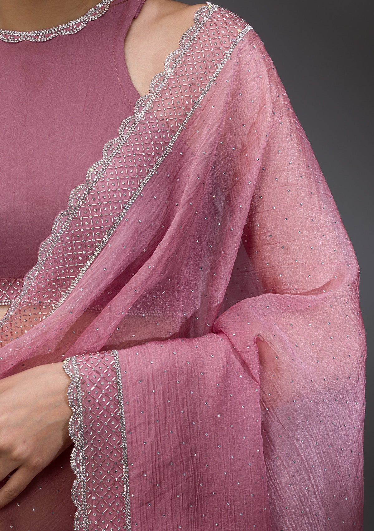 Onion Pink Stonework Tissue Saree-Koskii