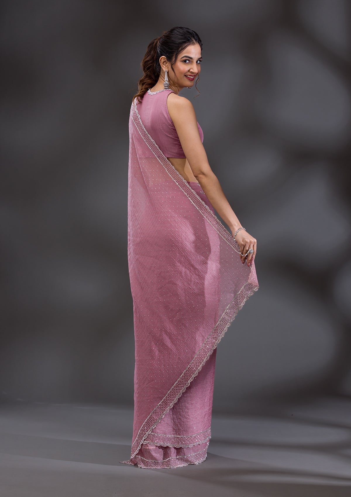 Onion Pink Stonework Tissue Saree-Koskii