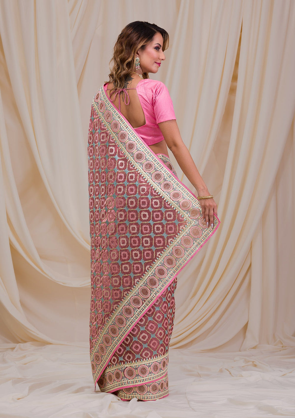 Onion Pink Swarovski Chiffon Saree-Koskii