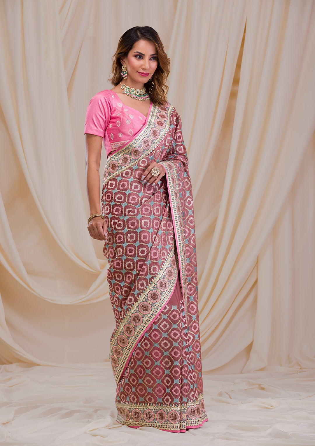 Onion Pink Swarovski Chiffon Saree-Koskii