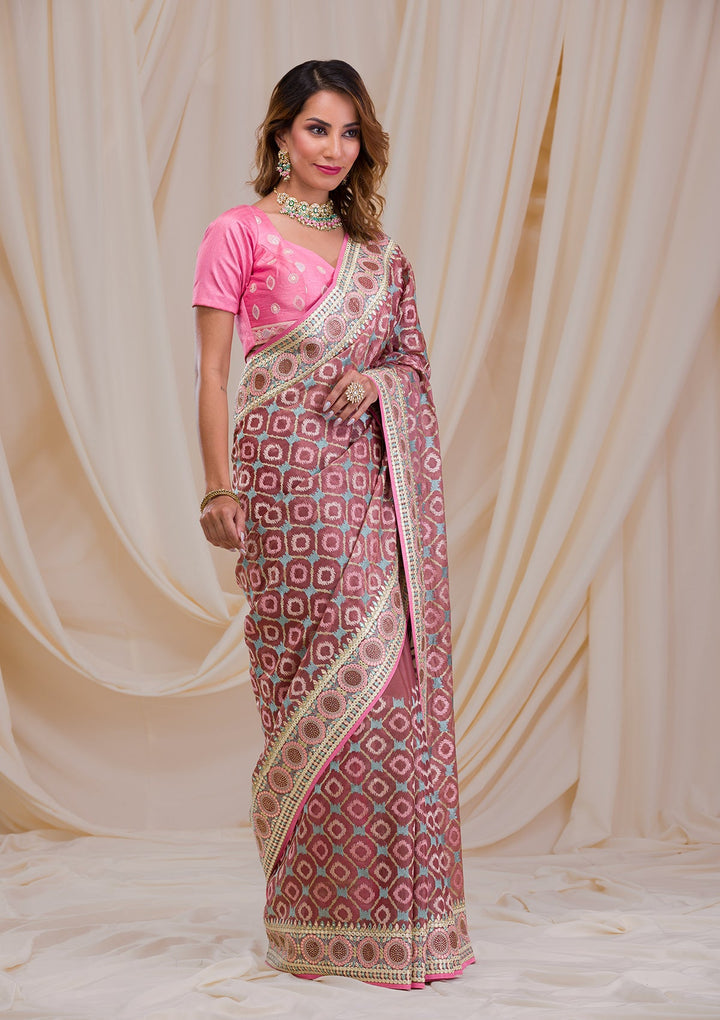 Onion Pink Swarovski Chiffon Saree-Koskii