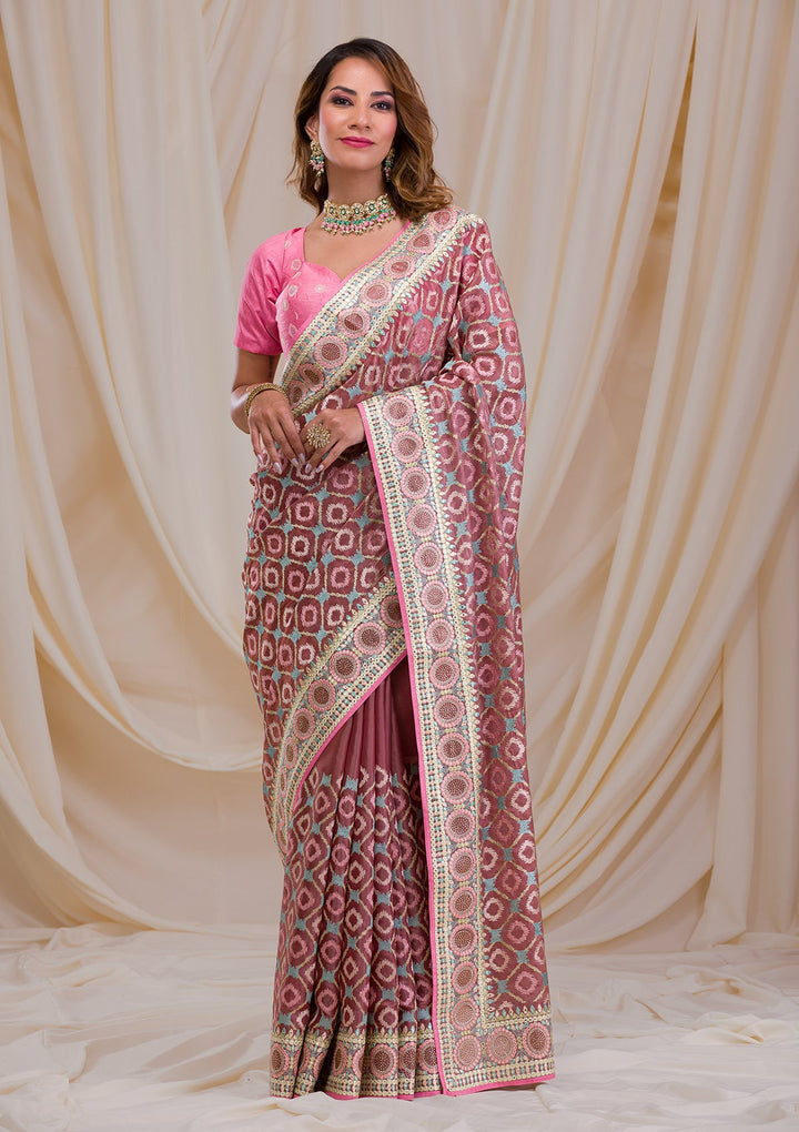 Onion Pink Swarovski Chiffon Saree-Koskii