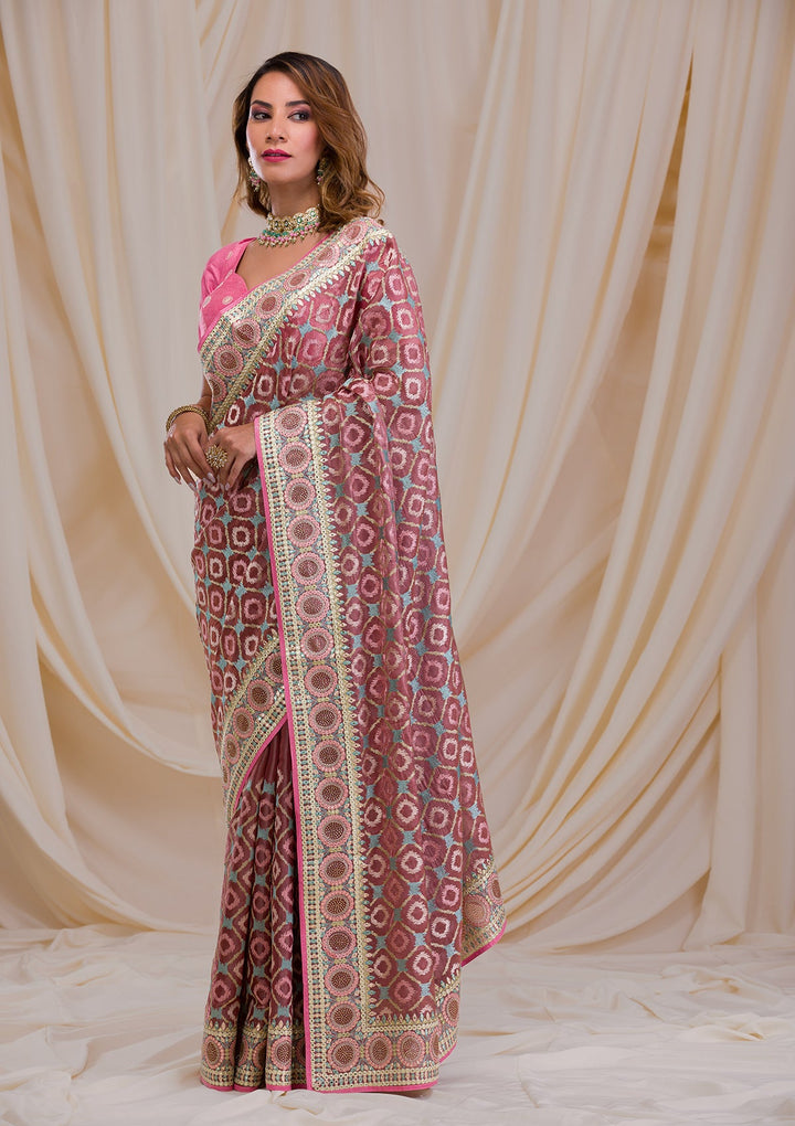 Onion Pink Swarovski Chiffon Saree-Koskii