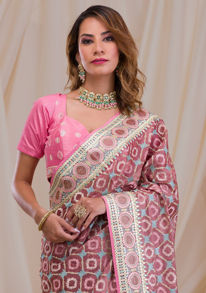 Onion Pink Swarovski Chiffon Saree-Koskii