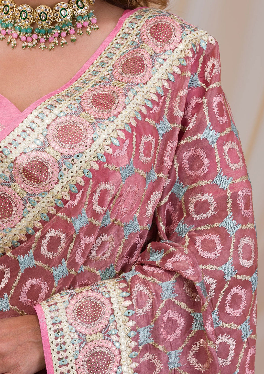 Onion Pink Swarovski Chiffon Saree-Koskii