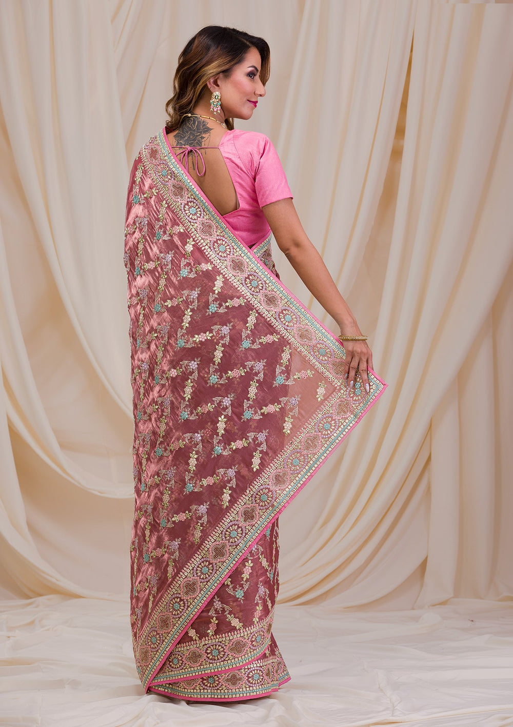 Onion Pink Swarovski Chiffon Saree-Koskii