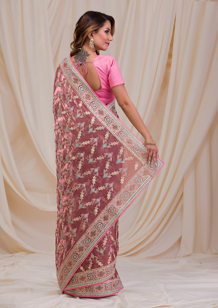 Onion Pink Swarovski Chiffon Saree-Koskii