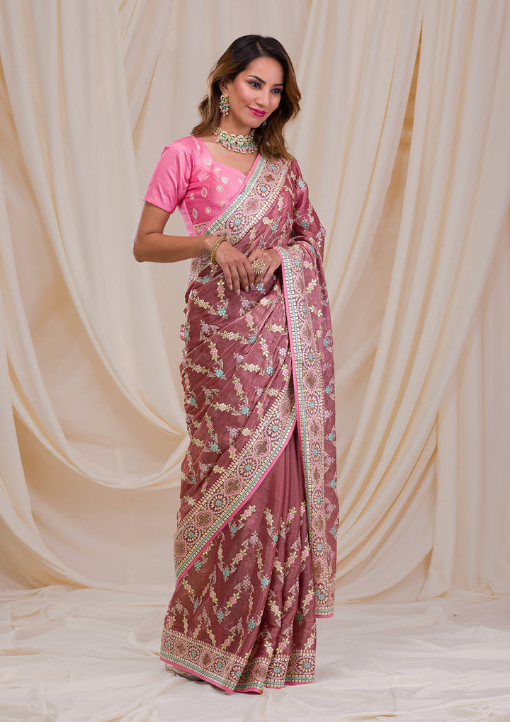 Onion Pink Swarovski Chiffon Saree-Koskii