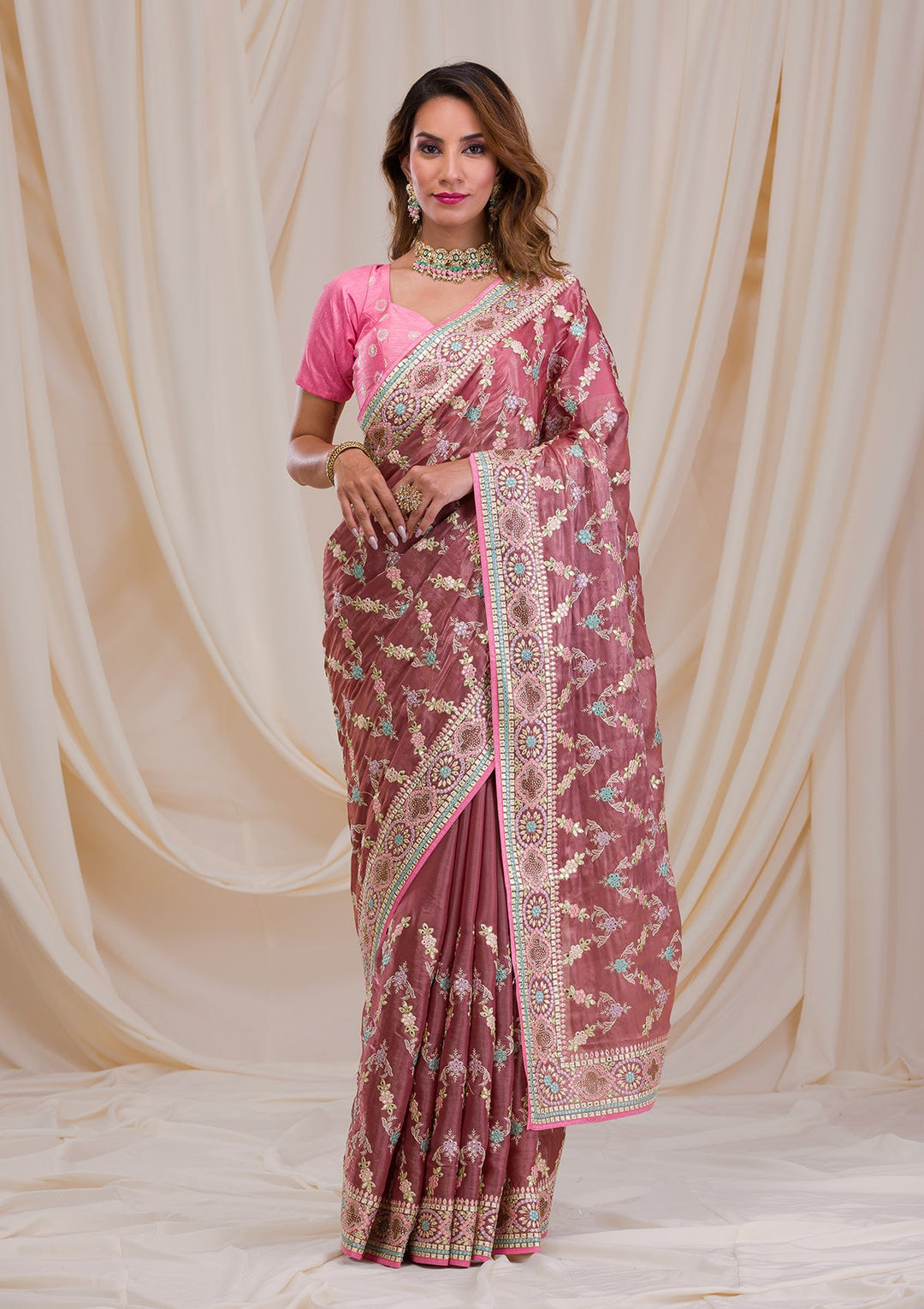 Onion Pink Swarovski Chiffon Saree-Koskii