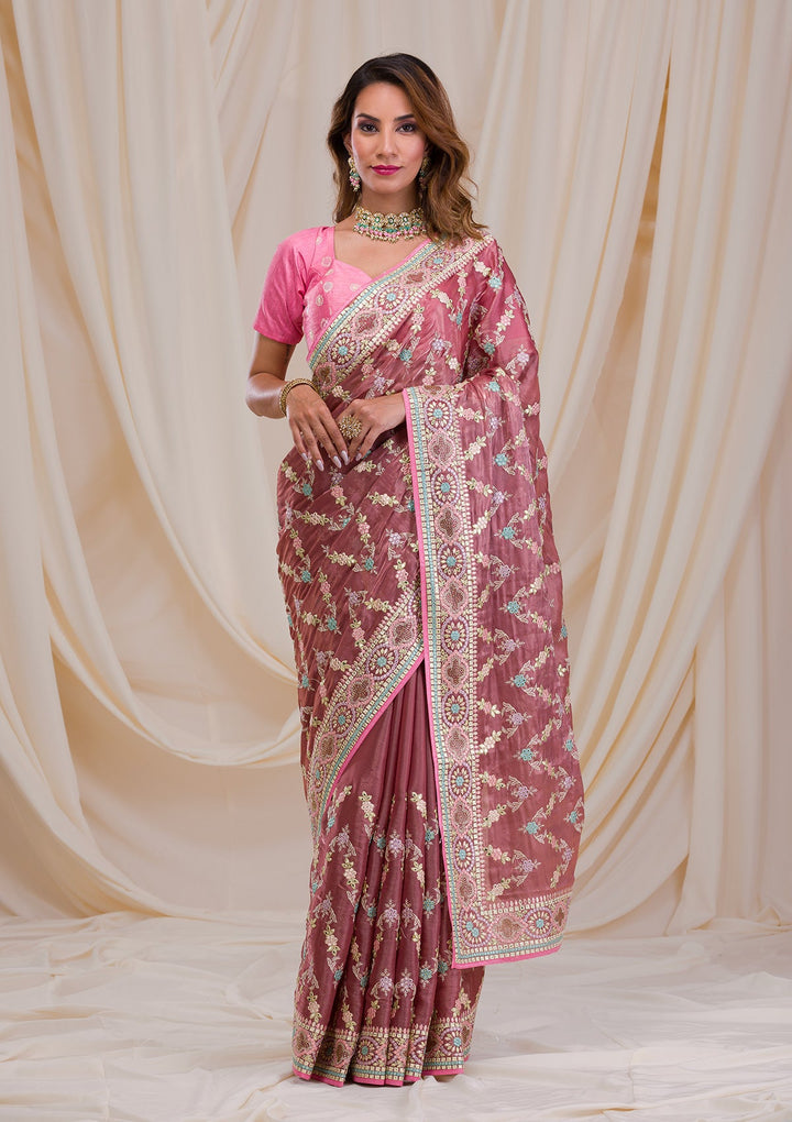 Onion Pink Swarovski Chiffon Saree-Koskii