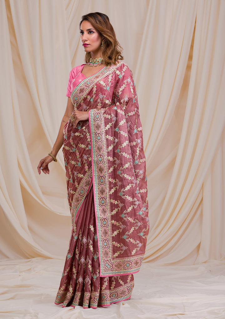 Onion Pink Swarovski Chiffon Saree-Koskii