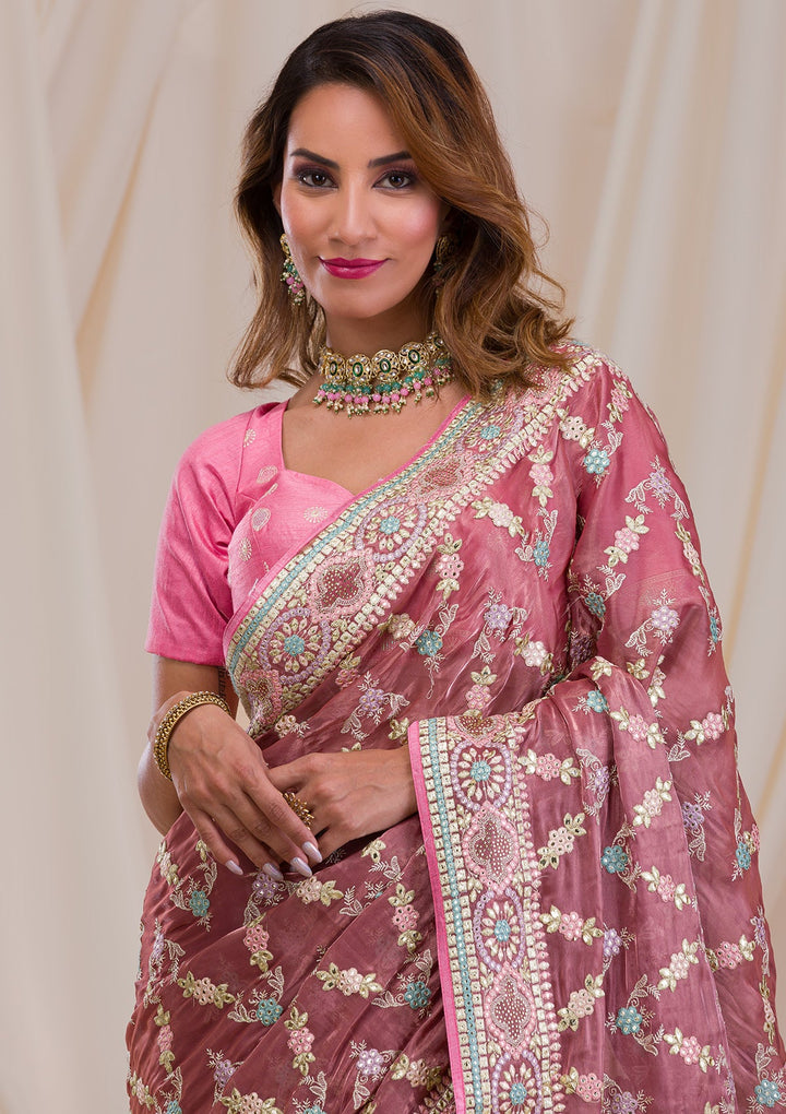 Onion Pink Swarovski Chiffon Saree-Koskii