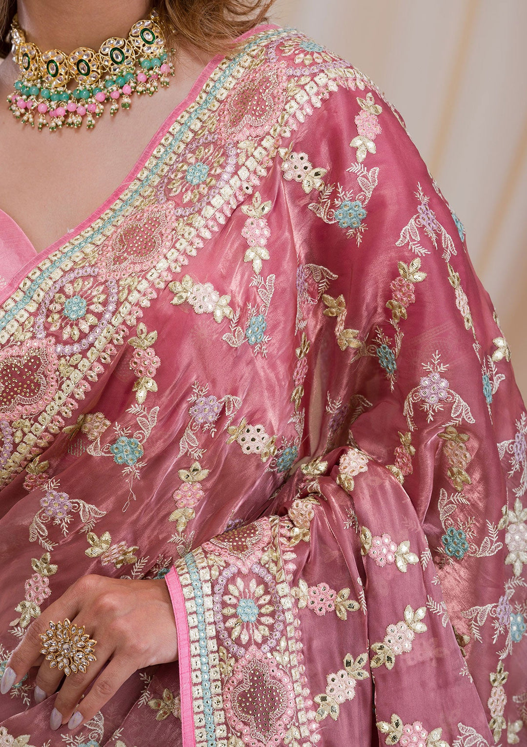 Onion Pink Swarovski Chiffon Saree-Koskii