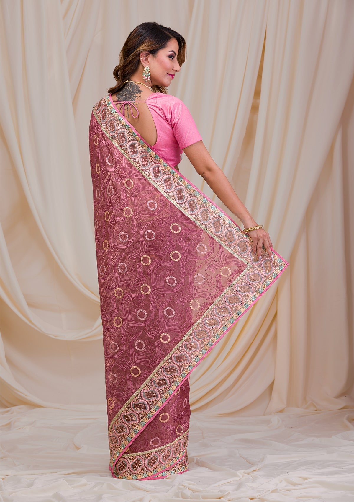 Onion Pink Swarovski Chiffon Saree-Koskii