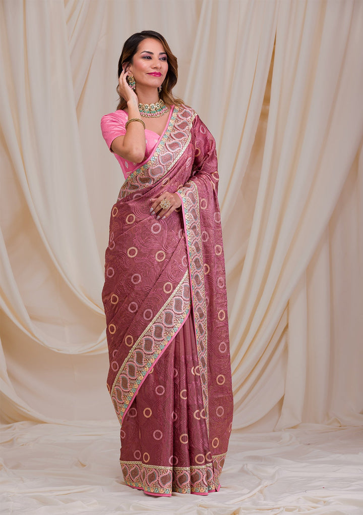 Onion Pink Swarovski Chiffon Saree-Koskii