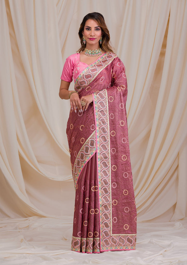 Onion Pink Swarovski Chiffon Saree-Koskii