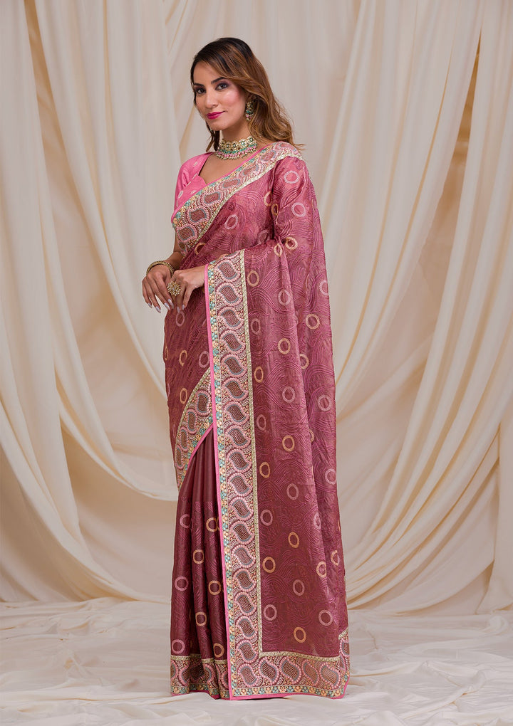 Onion Pink Swarovski Chiffon Saree-Koskii