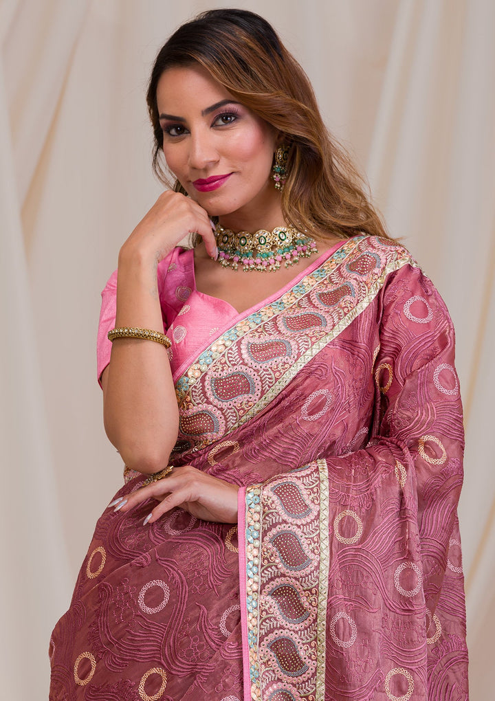 Onion Pink Swarovski Chiffon Saree-Koskii