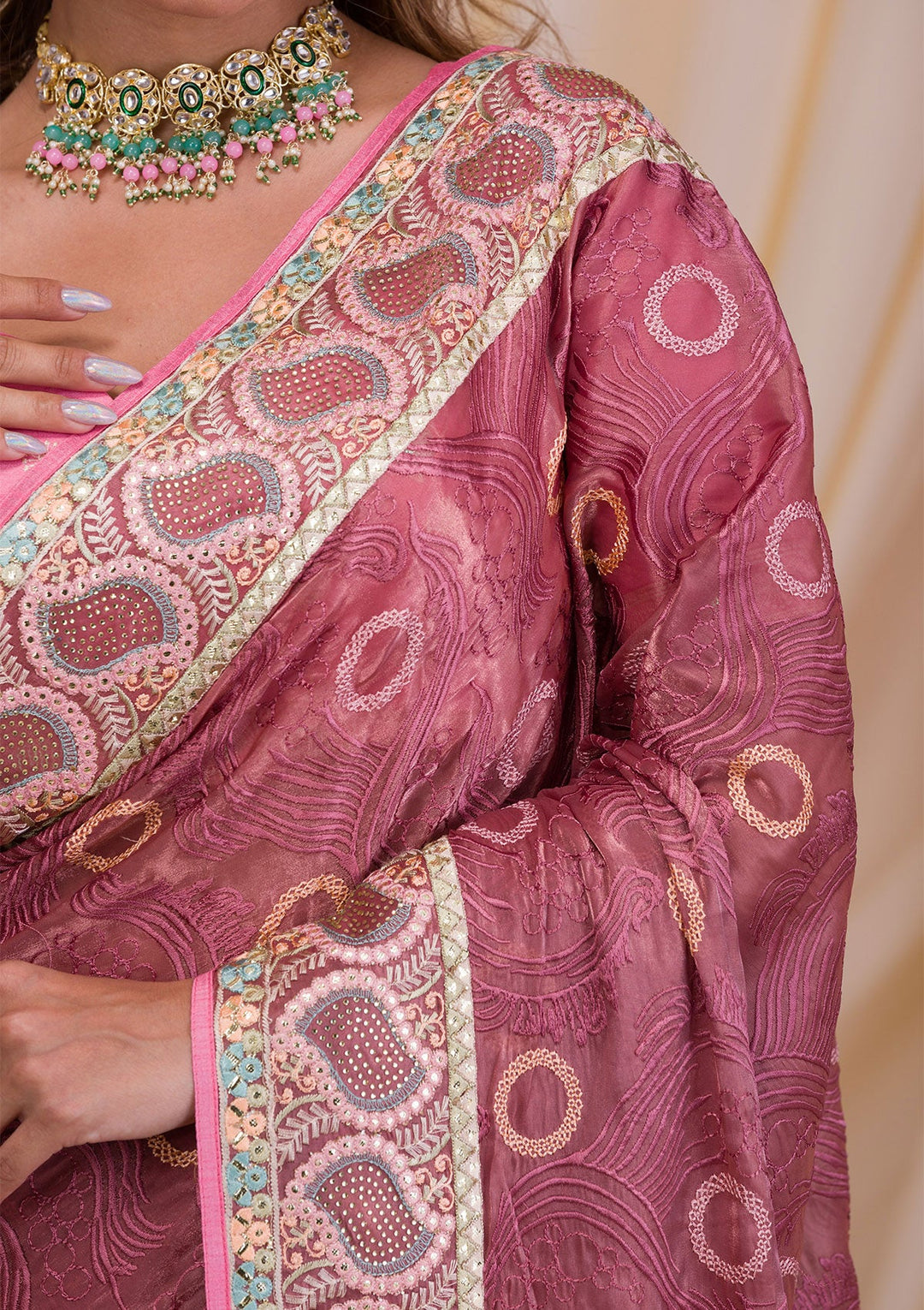 Onion Pink Swarovski Chiffon Saree-Koskii