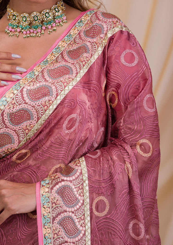 Onion Pink Swarovski Chiffon Saree-Koskii