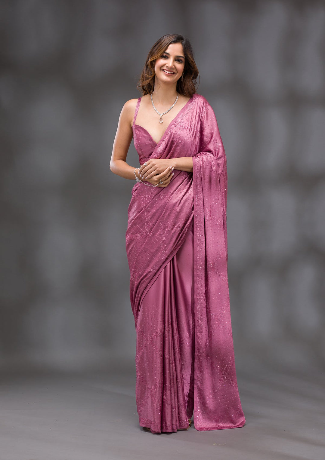Onion Pink Swarovski Crepe Saree-Koskii