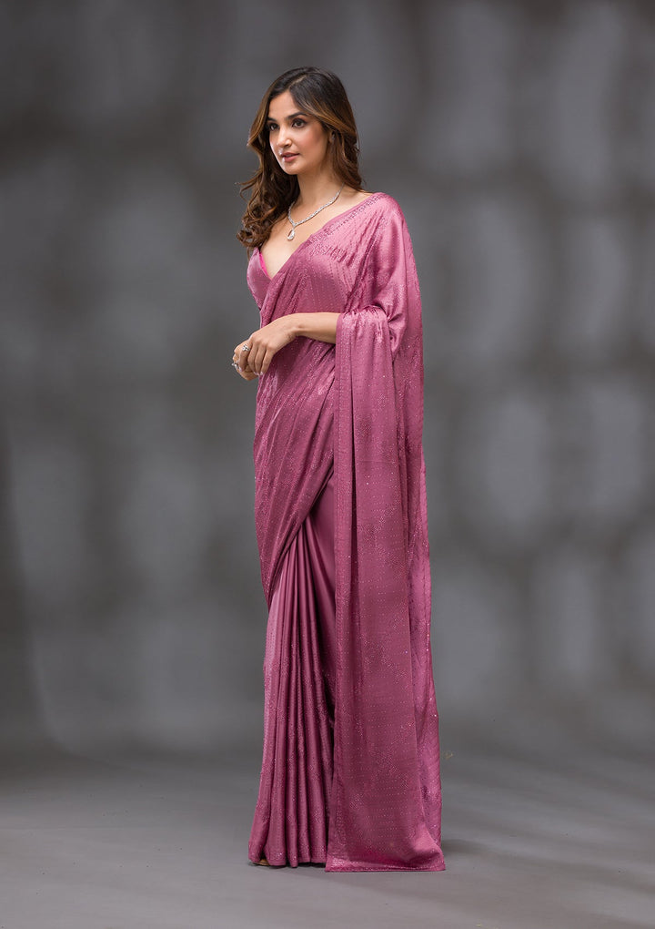 Onion Pink Swarovski Crepe Saree-Koskii