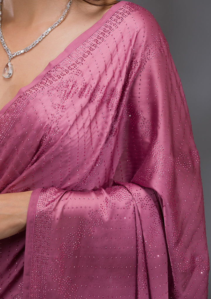 Onion Pink Swarovski Crepe Saree-Koskii