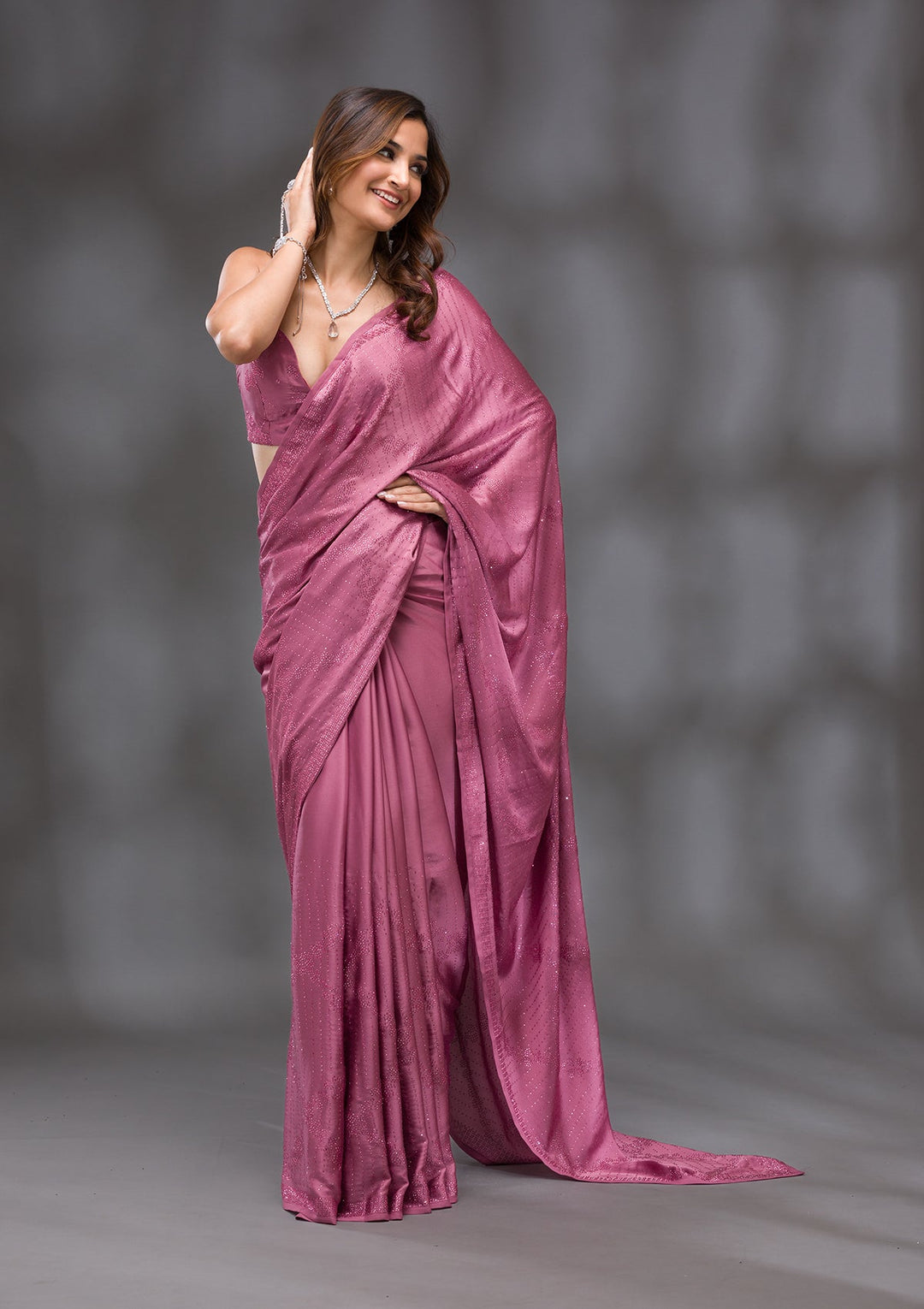 Onion Pink Swarovski Crepe Saree-Koskii