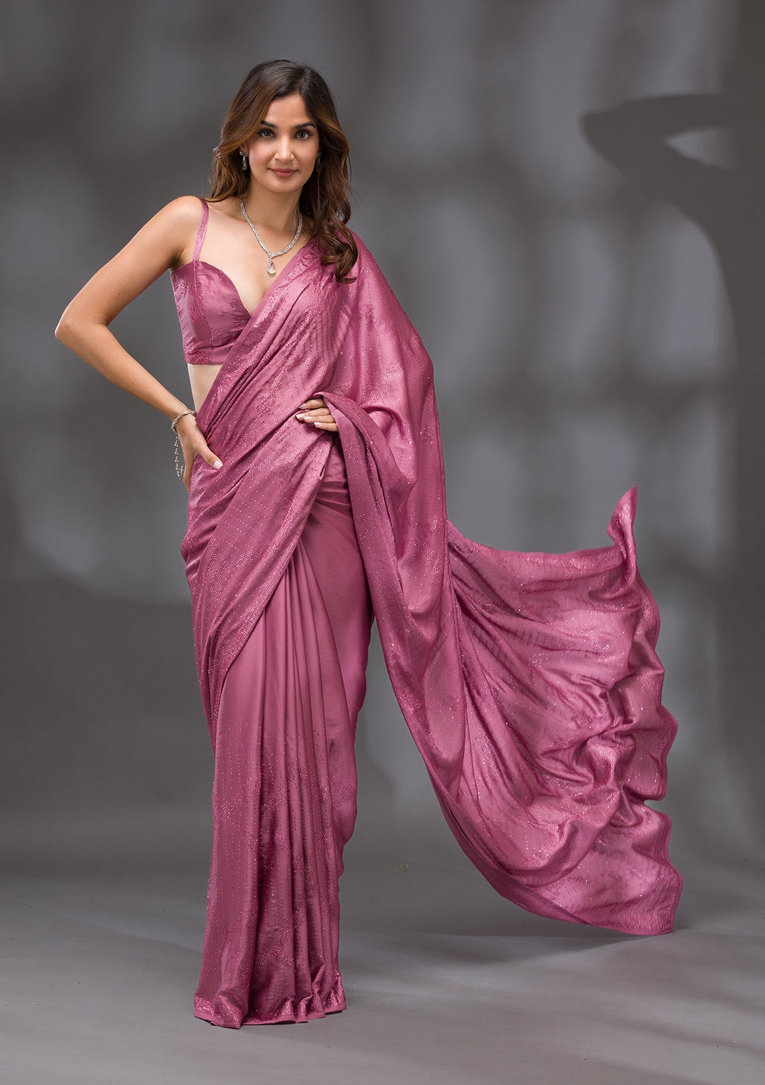 Onion Pink Swarovski Crepe Saree-Koskii