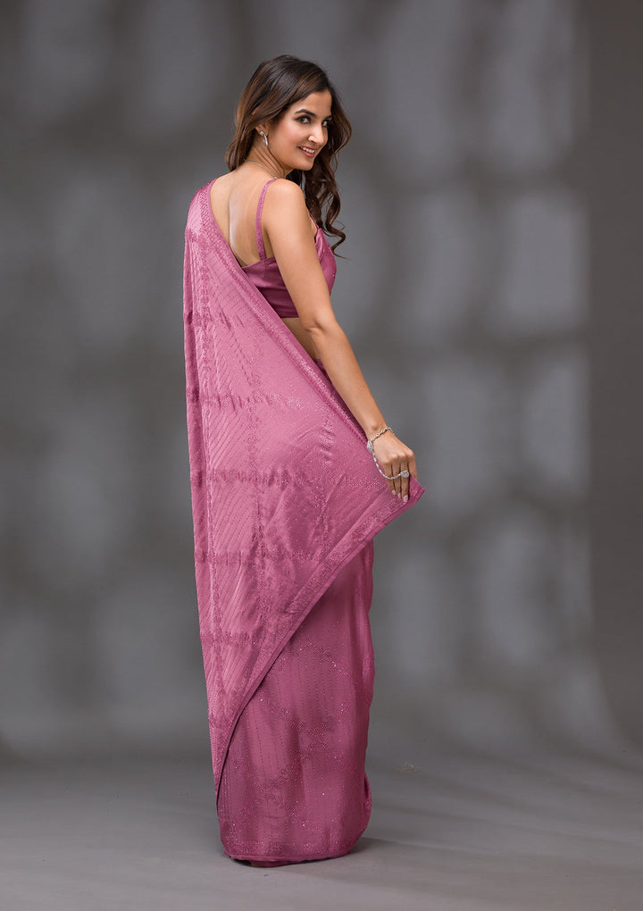 Onion Pink Swarovski Crepe Saree-Koskii