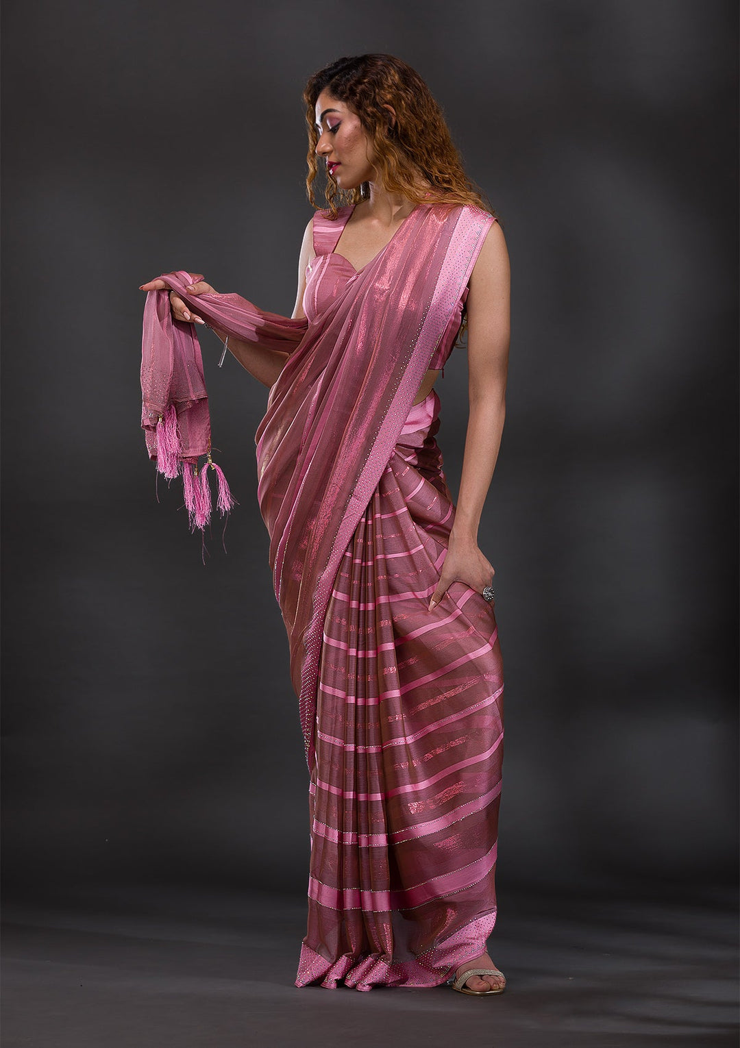 Onion Pink Swarovski Shimmer Georgette Saree-Koskii