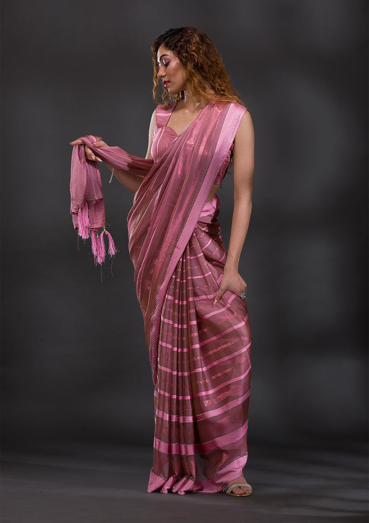 Onion Pink Swarovski Shimmer Georgette Saree-Koskii