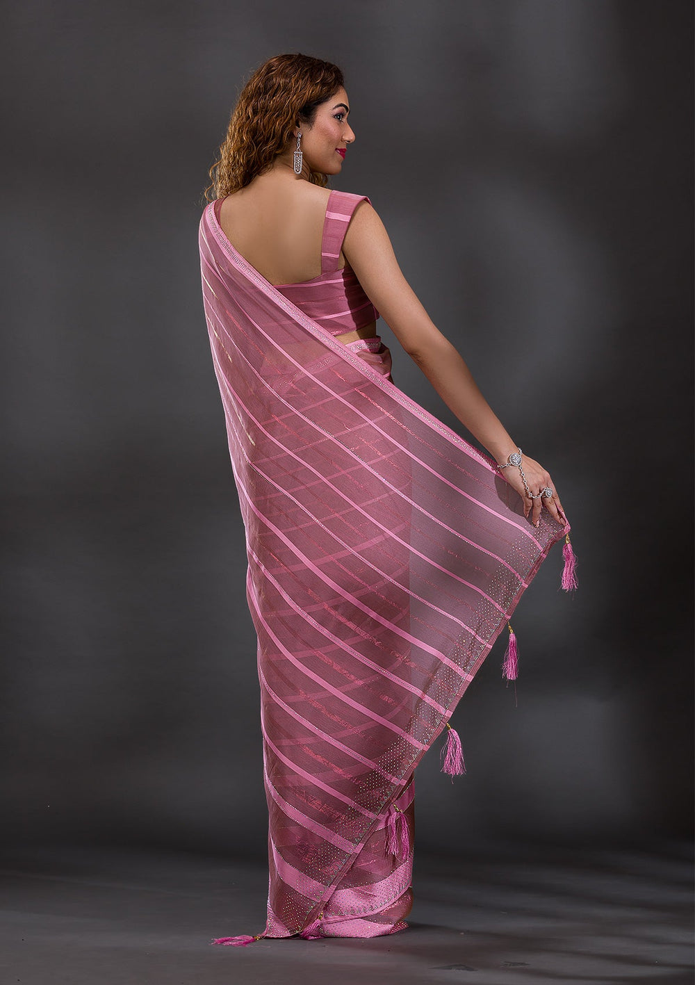 Onion Pink Swarovski Shimmer Georgette Saree-Koskii