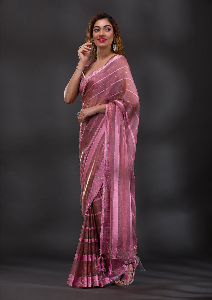 Onion Pink Swarovski Shimmer Georgette Saree-Koskii