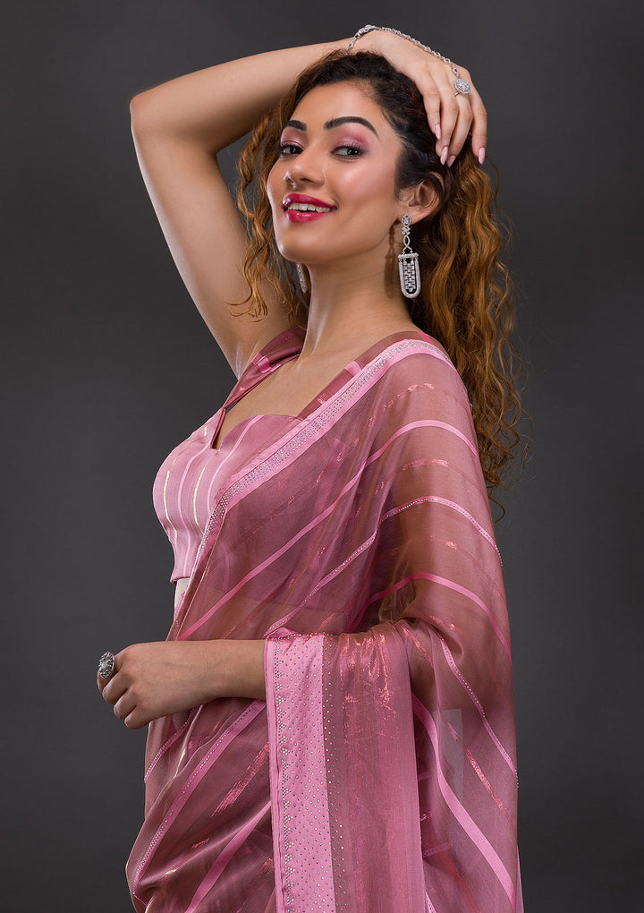 Onion Pink Swarovski Shimmer Georgette Saree-Koskii