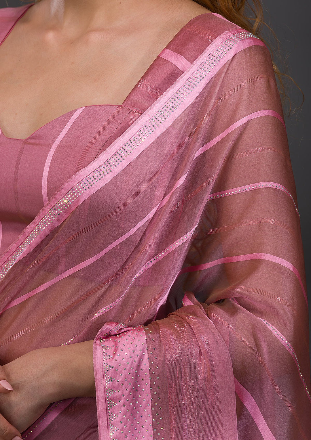 Onion Pink Swarovski Shimmer Georgette Saree-Koskii