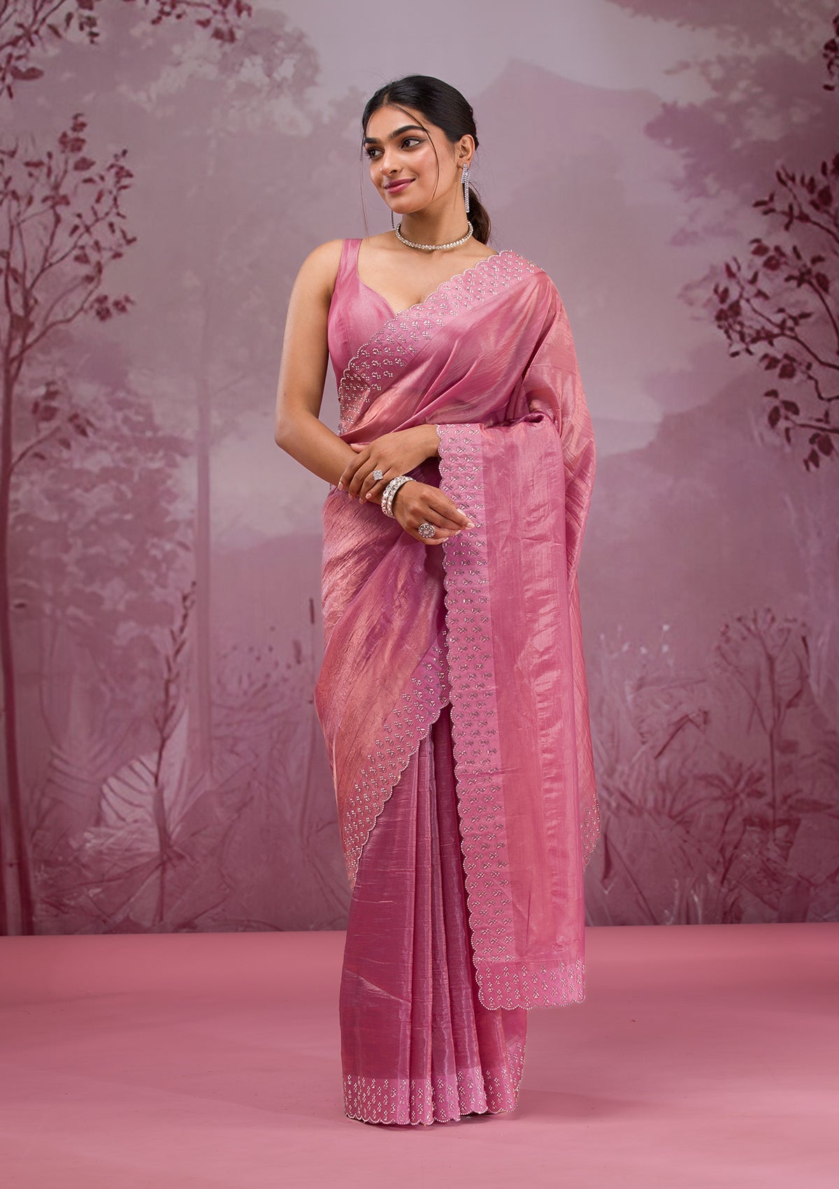 Onion Pink Swarovski Tissue Saree-Koskii